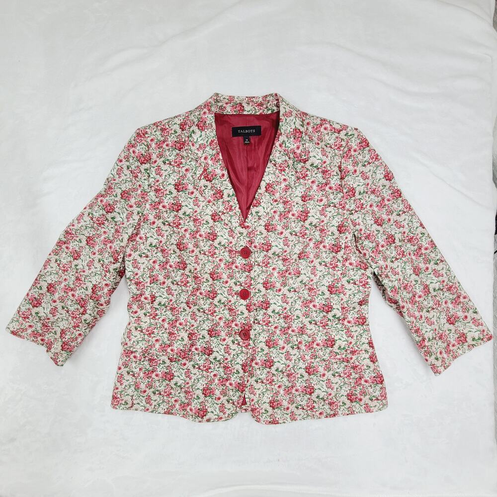 Talbots Cotton Ditsy Floral Blazer Red 3/4 Sleeve Lined Spring Office Boho 14